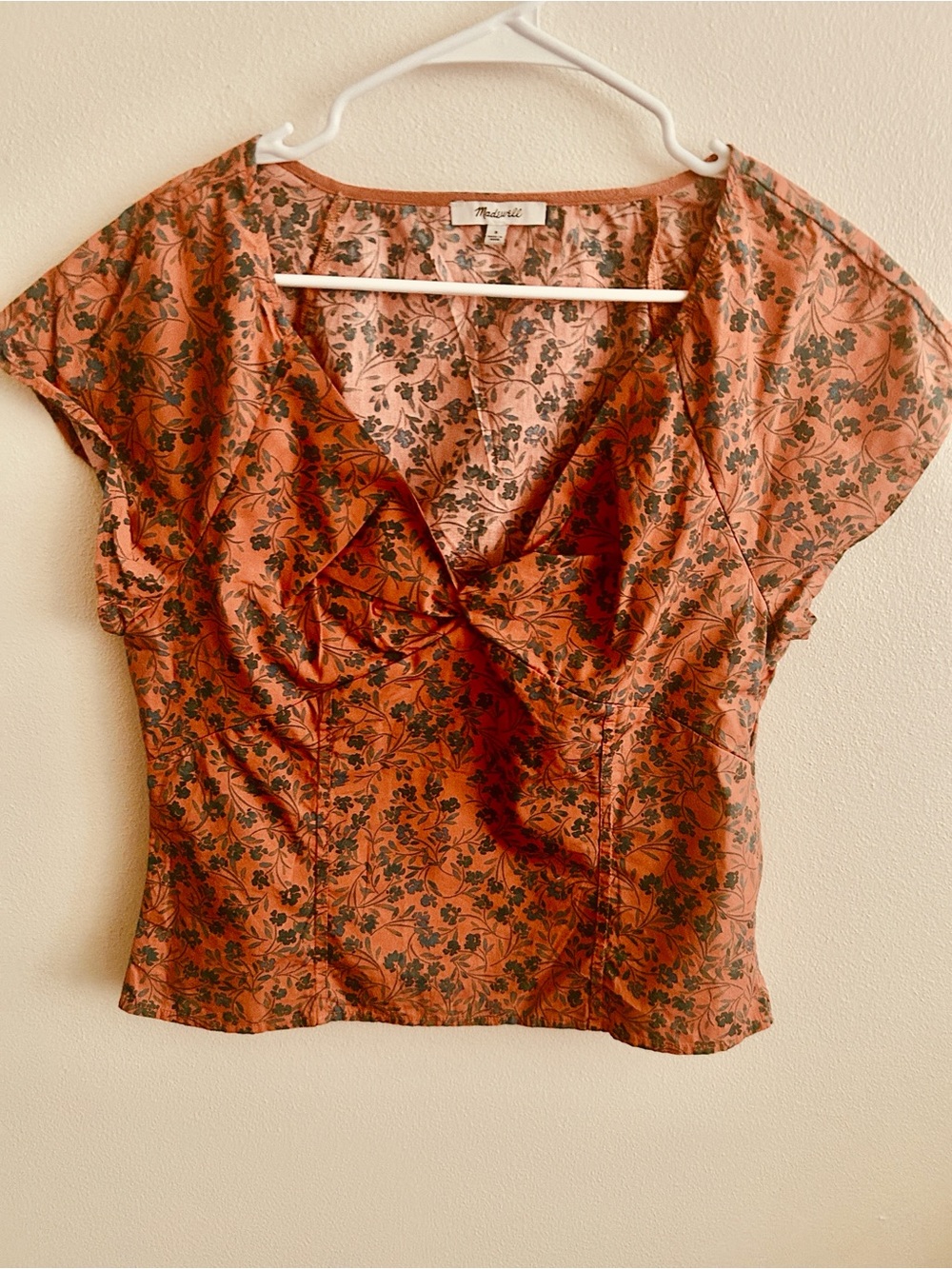 Madewell Rust:Green Floral V-Neck Twist Detail Cap Sleeve Blouse: 8 Style#NP029